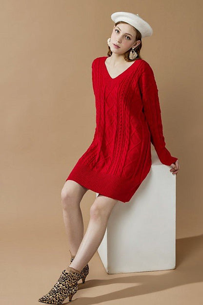 V - Neck Ribbed Hem Cable Knit Sweater Dress - Bitsy Gypsy Boutique