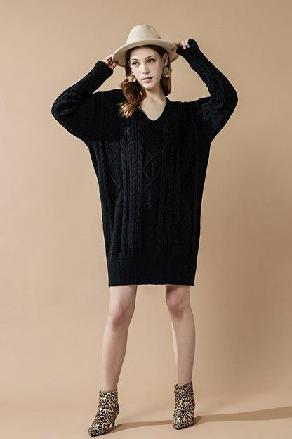 V - Neck Ribbed Hem Cable Knit Sweater Dress - Bitsy Gypsy Boutique