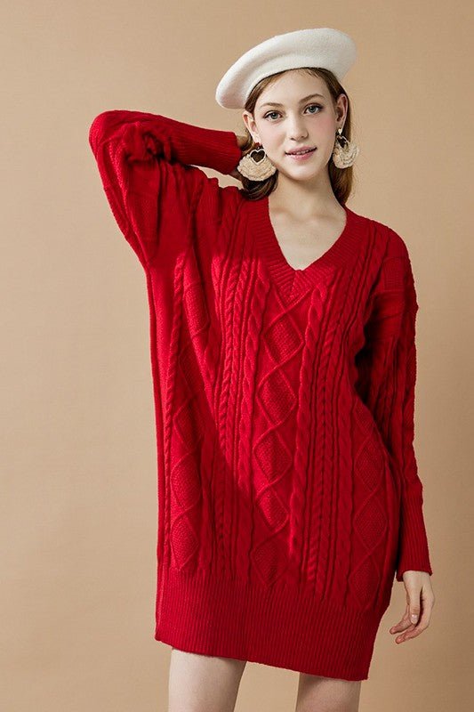 V - Neck Ribbed Hem Cable Knit Sweater Dress - Bitsy Gypsy Boutique