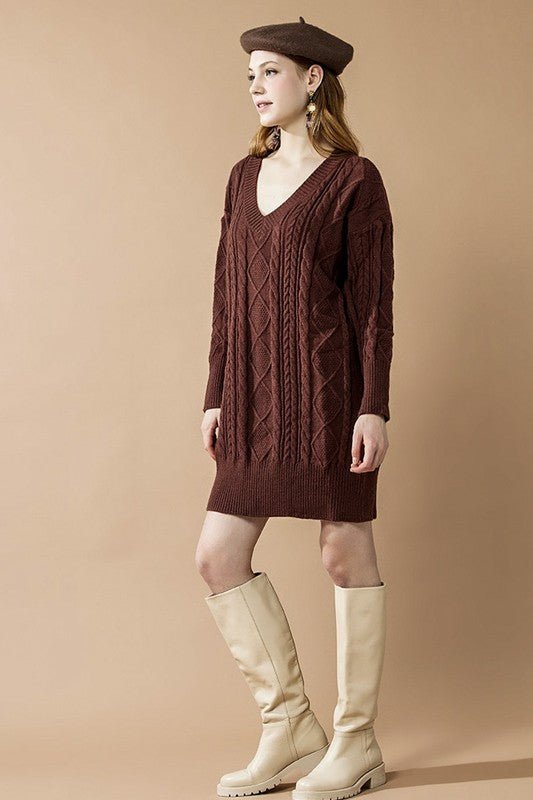 V - Neck Ribbed Hem Cable Knit Sweater Dress - Bitsy Gypsy Boutique
