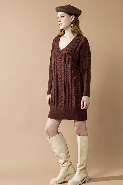 V - Neck Ribbed Hem Cable Knit Sweater Dress - Bitsy Gypsy Boutique