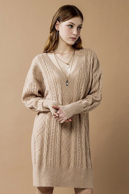 V - Neck Ribbed Hem Cable Knit Sweater Dress - Bitsy Gypsy Boutique