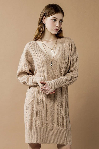 V - Neck Ribbed Hem Cable Knit Sweater Dress - Bitsy Gypsy Boutique