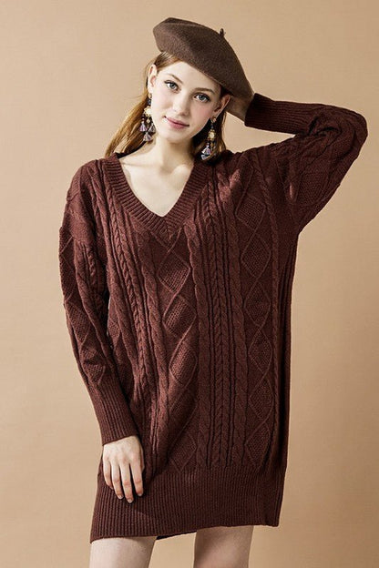V - Neck Ribbed Hem Cable Knit Sweater Dress - Bitsy Gypsy Boutique