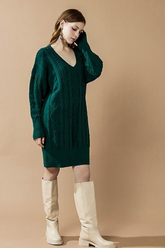 V - Neck Ribbed Hem Cable Knit Sweater Dress - Bitsy Gypsy Boutique