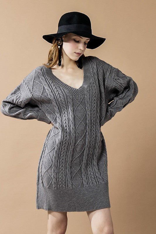 V - Neck Ribbed Hem Cable Knit Sweater Dress - Bitsy Gypsy Boutique