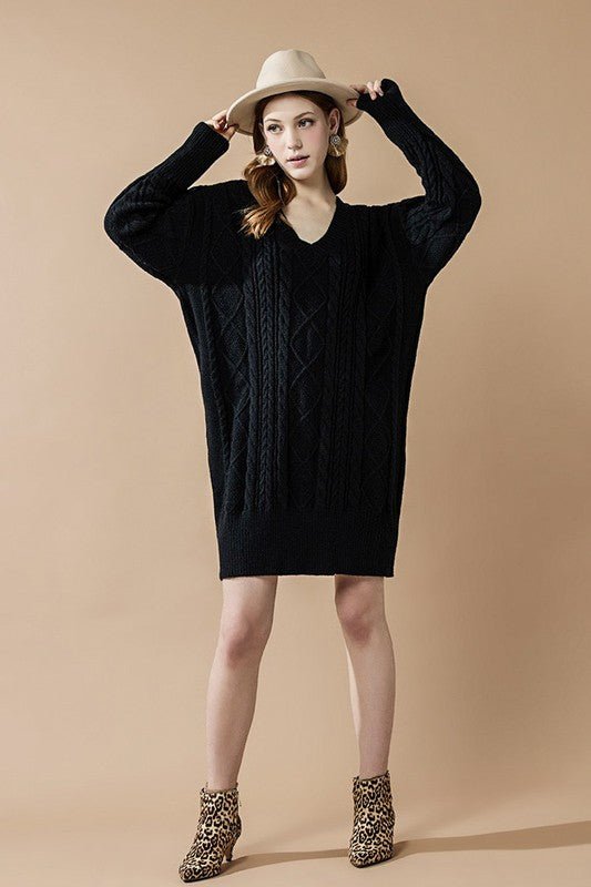 V - Neck Ribbed Hem Cable Knit Sweater Dress - Bitsy Gypsy Boutique