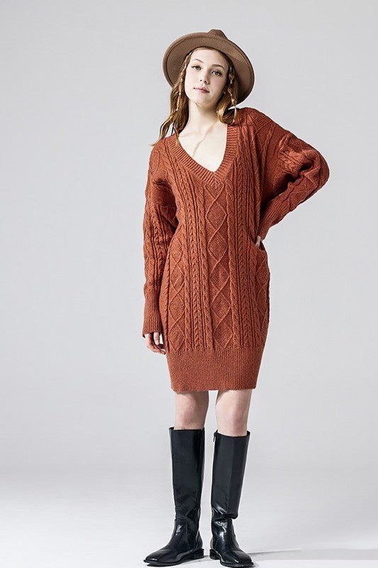 V - Neck Ribbed Hem Cable Knit Sweater Dress - Bitsy Gypsy Boutique