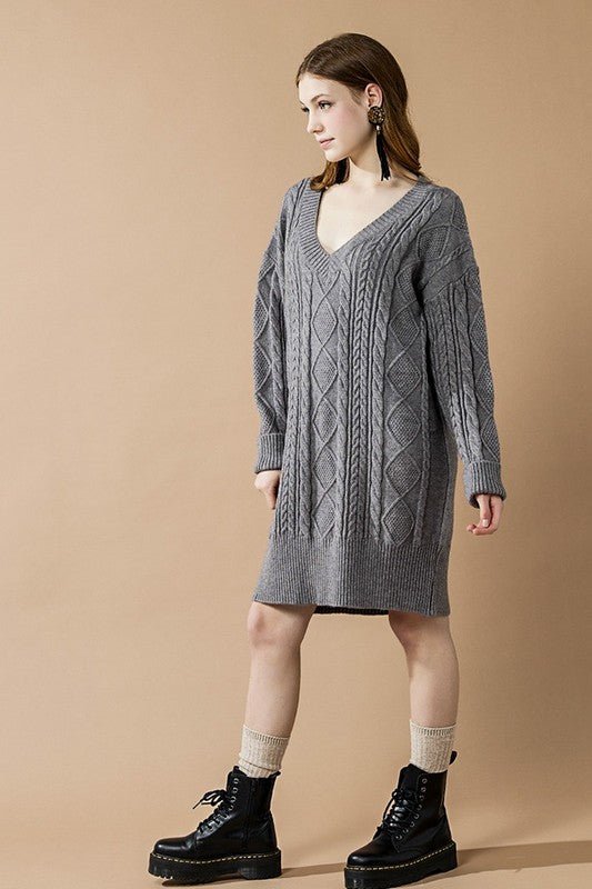 V - Neck Ribbed Hem Cable Knit Sweater Dress - Bitsy Gypsy Boutique