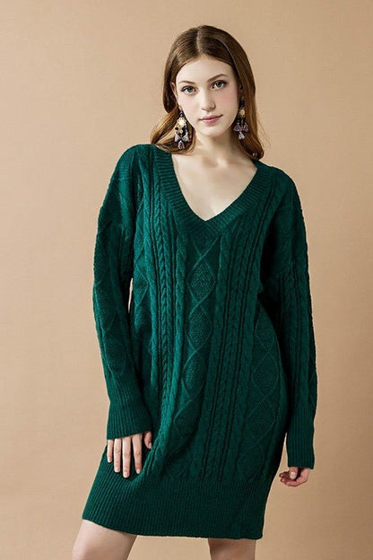 V - Neck Ribbed Hem Cable Knit Sweater Dress - Bitsy Gypsy Boutique