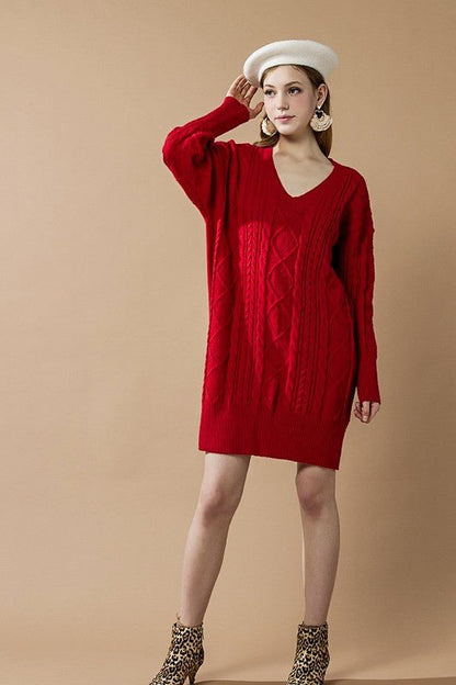 V - Neck Ribbed Hem Cable Knit Sweater Dress - Bitsy Gypsy Boutique