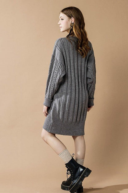 V - Neck Ribbed Hem Cable Knit Sweater Dress - Bitsy Gypsy Boutique