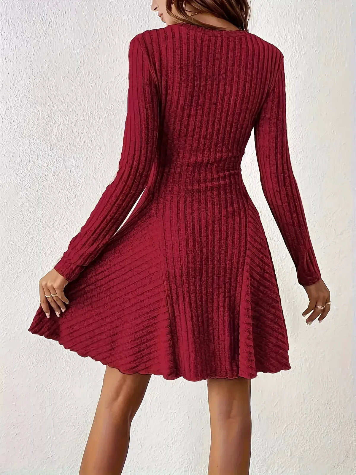 V-Neck Ribbed Knit Flared Knit Dress by Trendsi