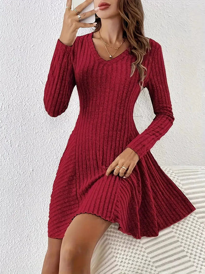 V-Neck Ribbed Knit Flared Knit Dress by Trendsi
