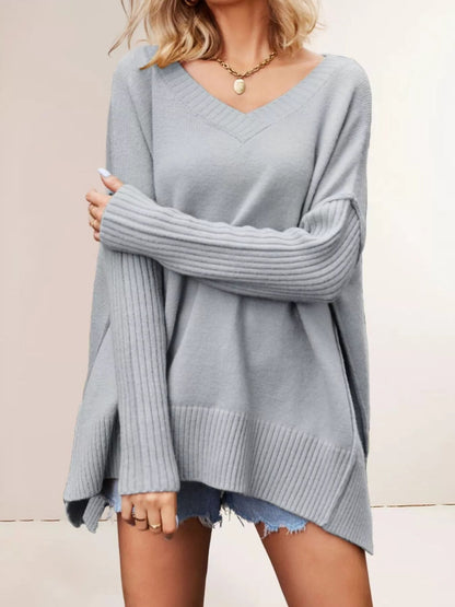 V-Neck Ribbed Sleeve Sweater - Bitsy Gypsy Boutique