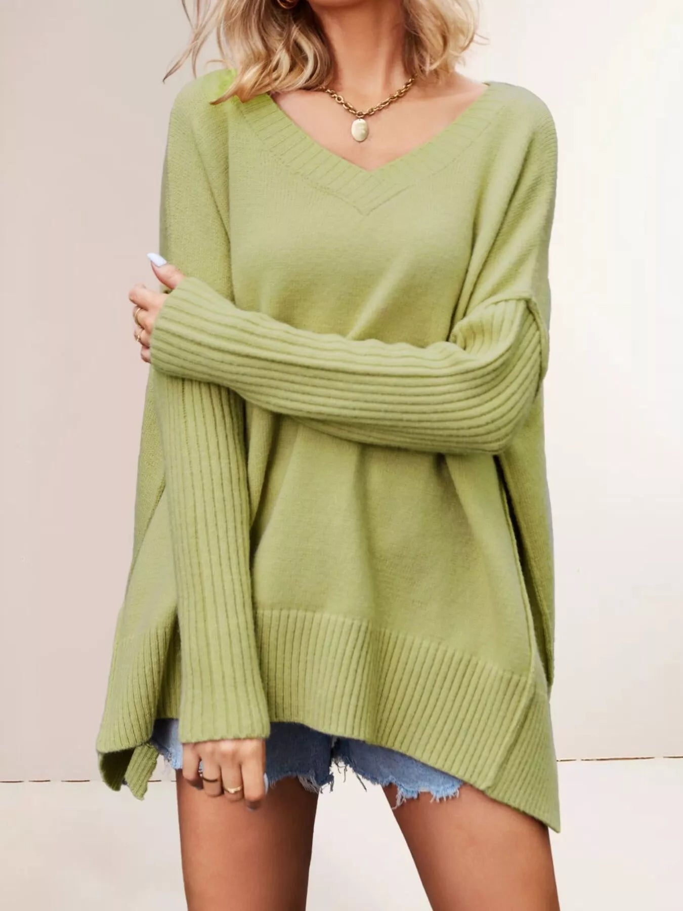 V-Neck Ribbed Sleeve Sweater - Bitsy Gypsy Boutique