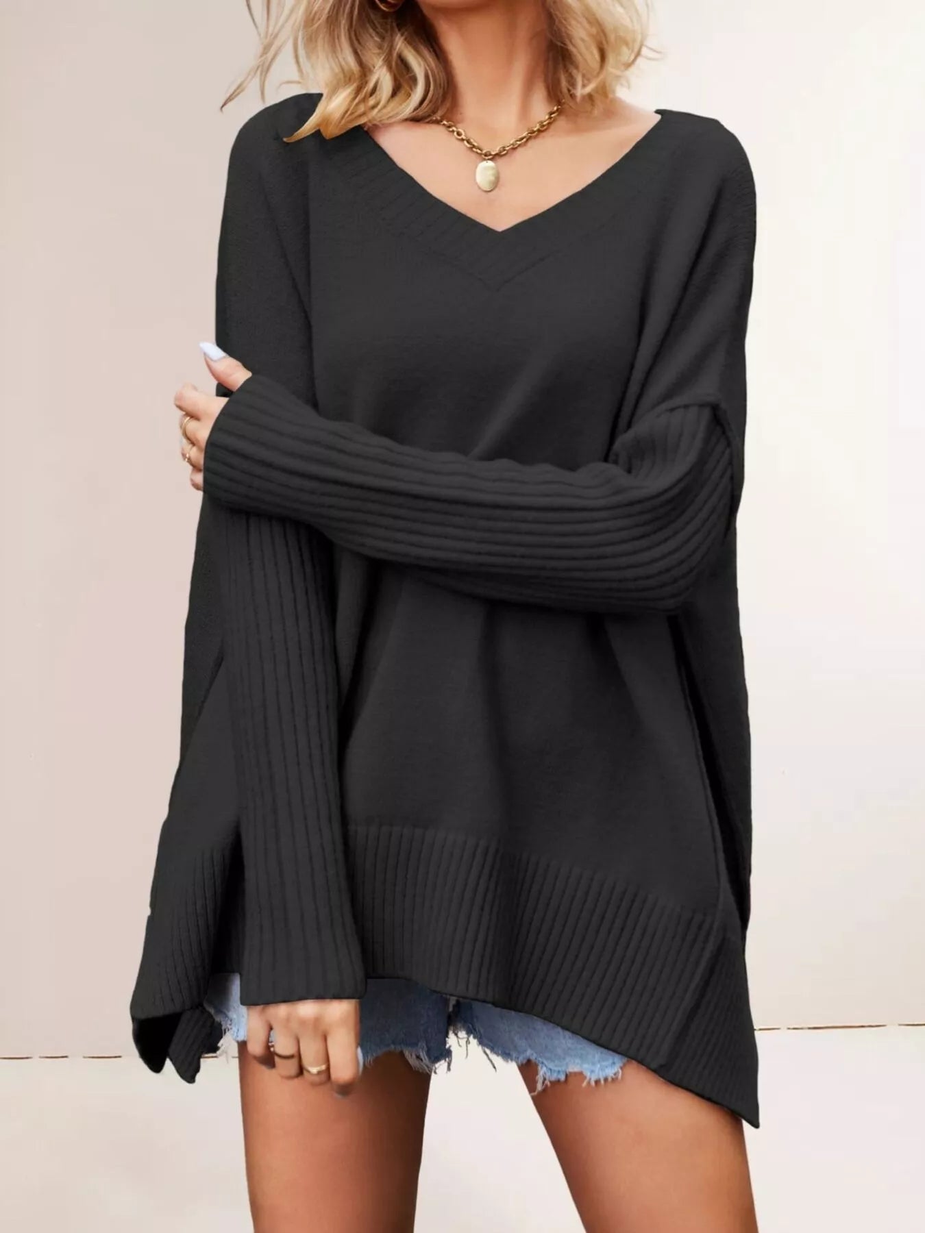V-Neck Ribbed Sleeve Sweater - Bitsy Gypsy Boutique