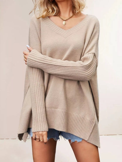 V-Neck Ribbed Sleeve Sweater - Bitsy Gypsy Boutique
