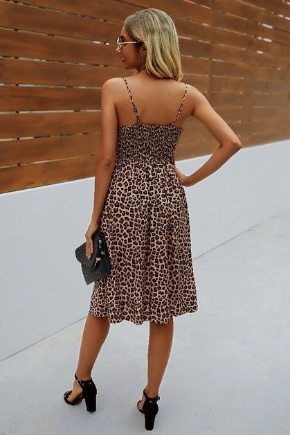V Neck Spaghetti Strap Leopard Cut Out Midi Dress - Bitsy Gypsy Boutique