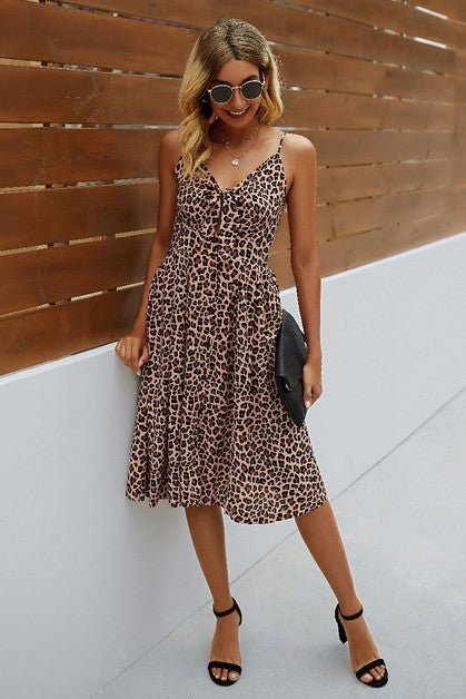 V Neck Spaghetti Strap Leopard Cut Out Midi Dress - Bitsy Gypsy Boutique