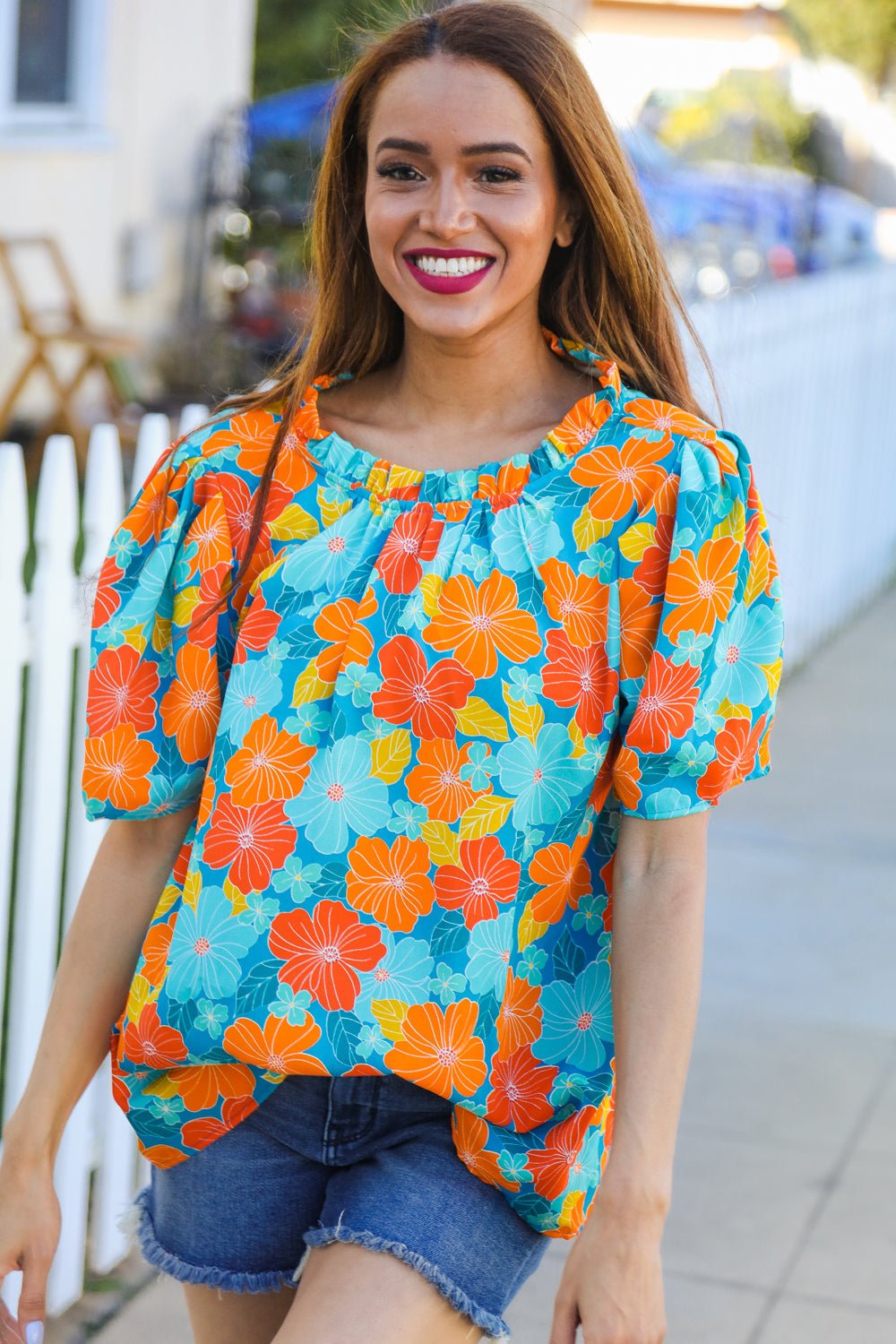 Vacay Ready Blue & Orange Floral Frill Mock Neck Top - Bitsy Gypsy Boutique