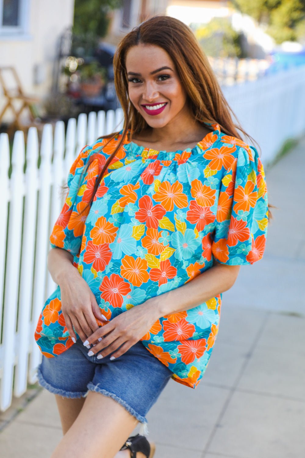 Vacay Ready Blue & Orange Floral Frill Mock Neck Top - Bitsy Gypsy Boutique