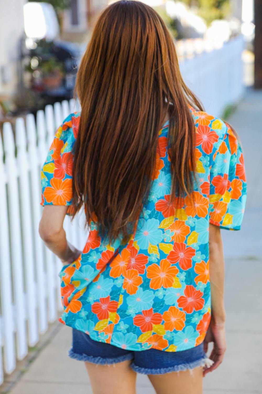 Vacay Ready Blue & Orange Floral Frill Mock Neck Top - Bitsy Gypsy Boutique