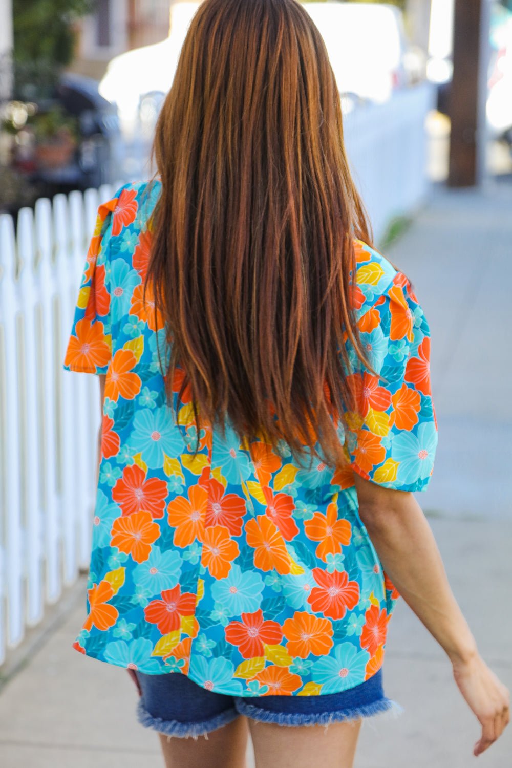 Vacay Ready Blue & Orange Floral Frill Mock Neck Top - Bitsy Gypsy Boutique