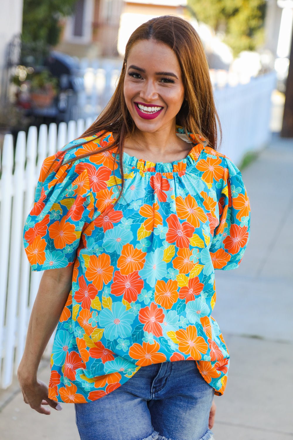 Vacay Ready Blue & Orange Floral Frill Mock Neck Top - Bitsy Gypsy Boutique