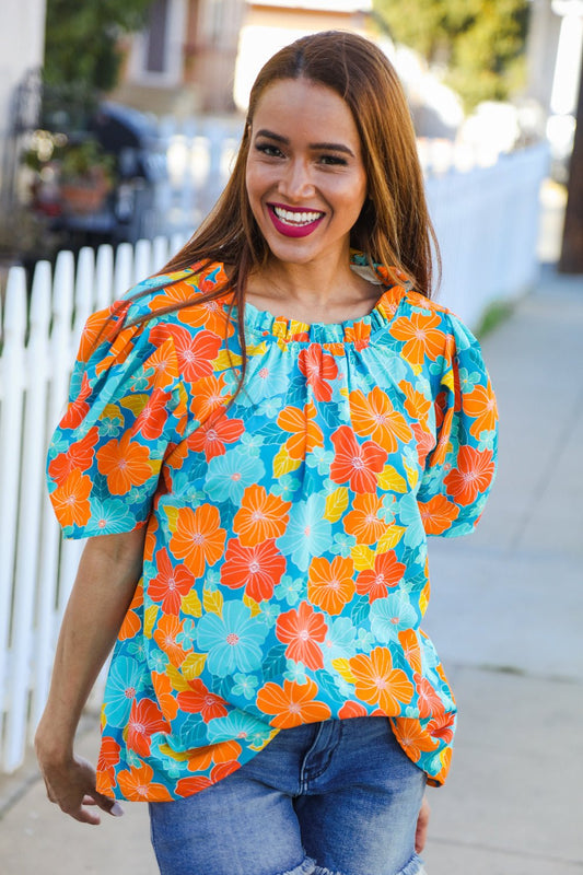 Vacay Ready Blue & Orange Floral Frill Mock Neck Top - Bitsy Gypsy Boutique