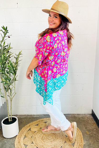 Vacay Ready Fuchsia Paisley Floral Dolman Sleeve Shark Bite Top - Bitsy Gypsy Boutique