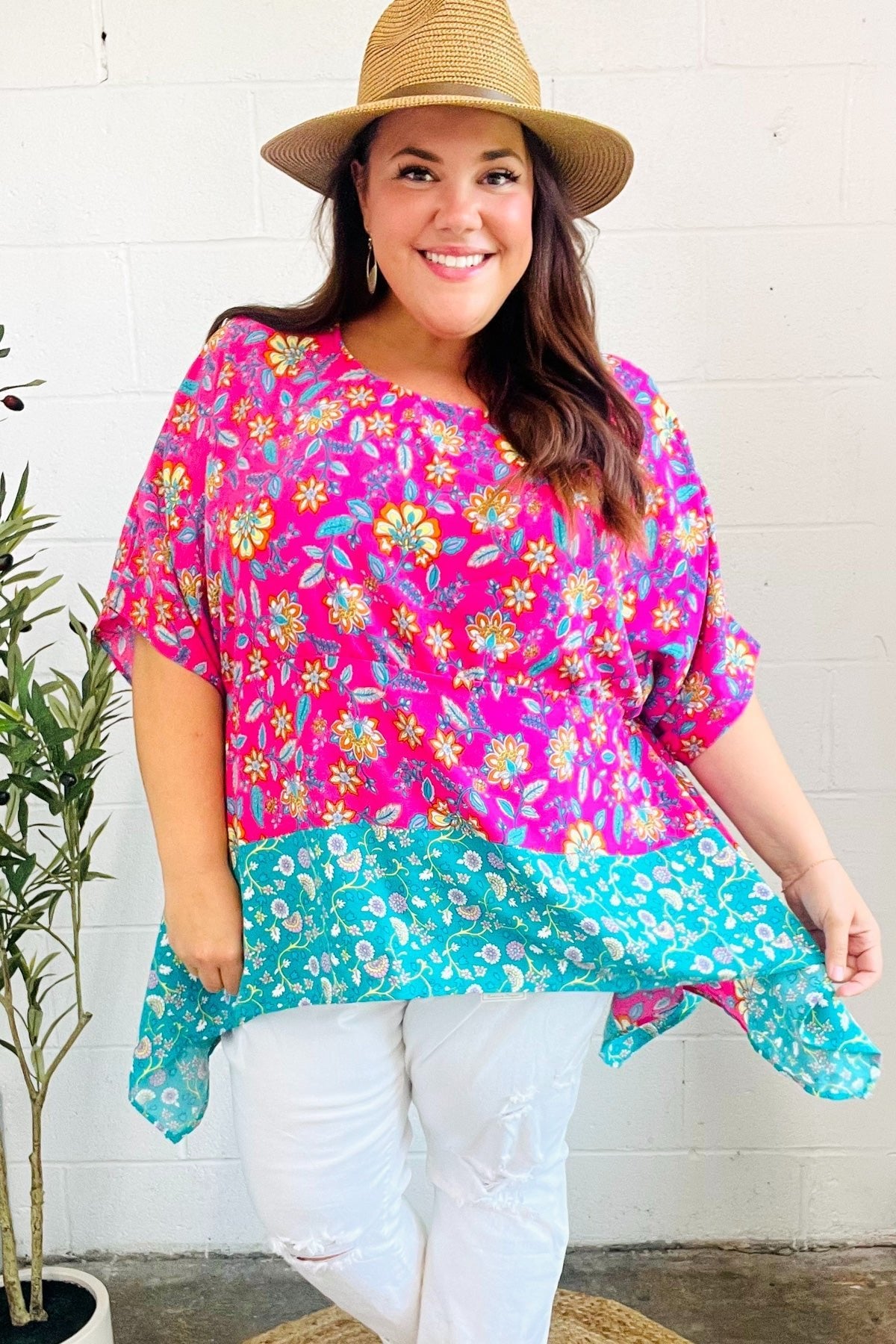 Vacay Ready Fuchsia Paisley Floral Dolman Sleeve Shark Bite Top - Bitsy Gypsy Boutique