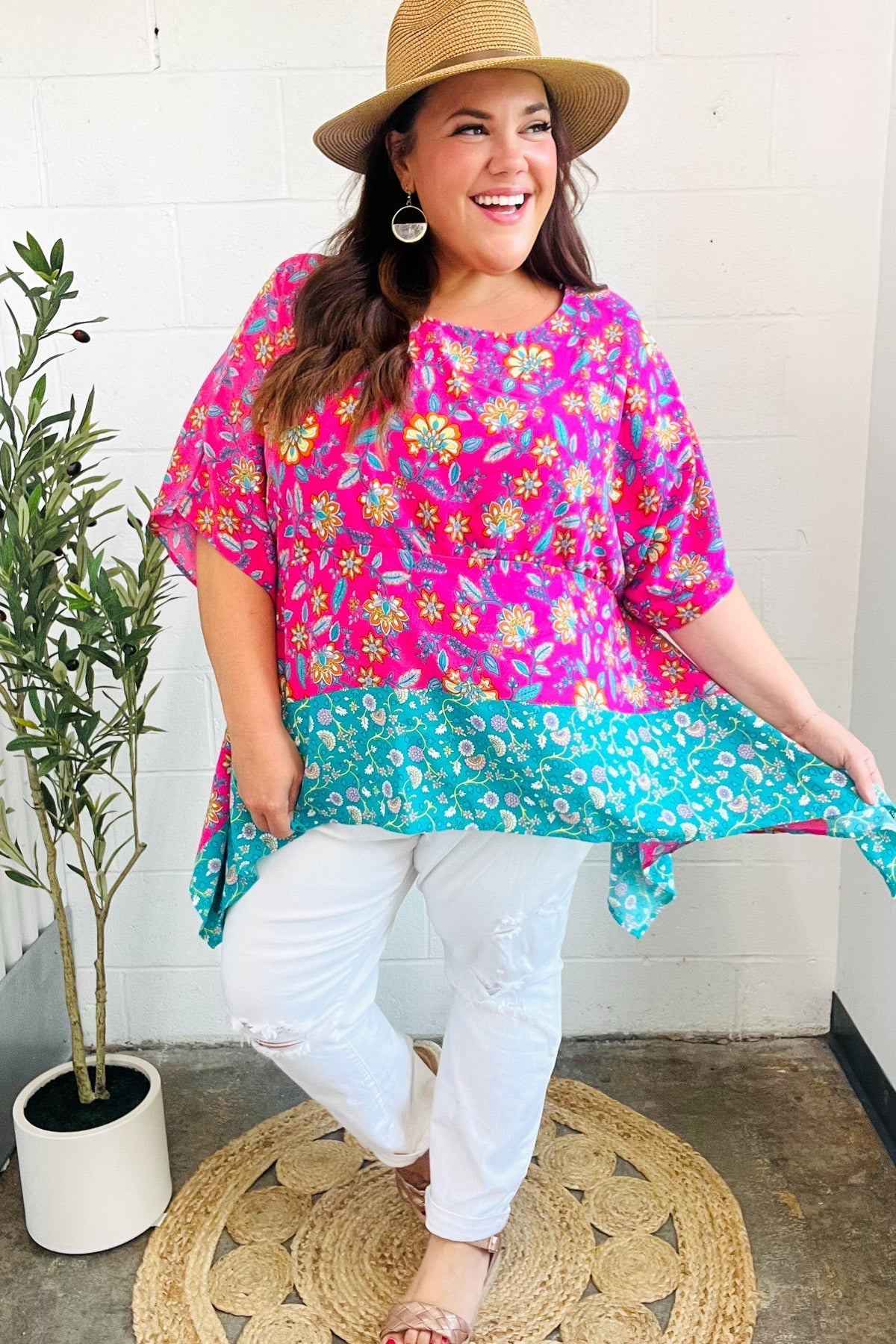 Vacay Ready Fuchsia Paisley Floral Dolman Sleeve Shark Bite Top - Bitsy Gypsy Boutique
