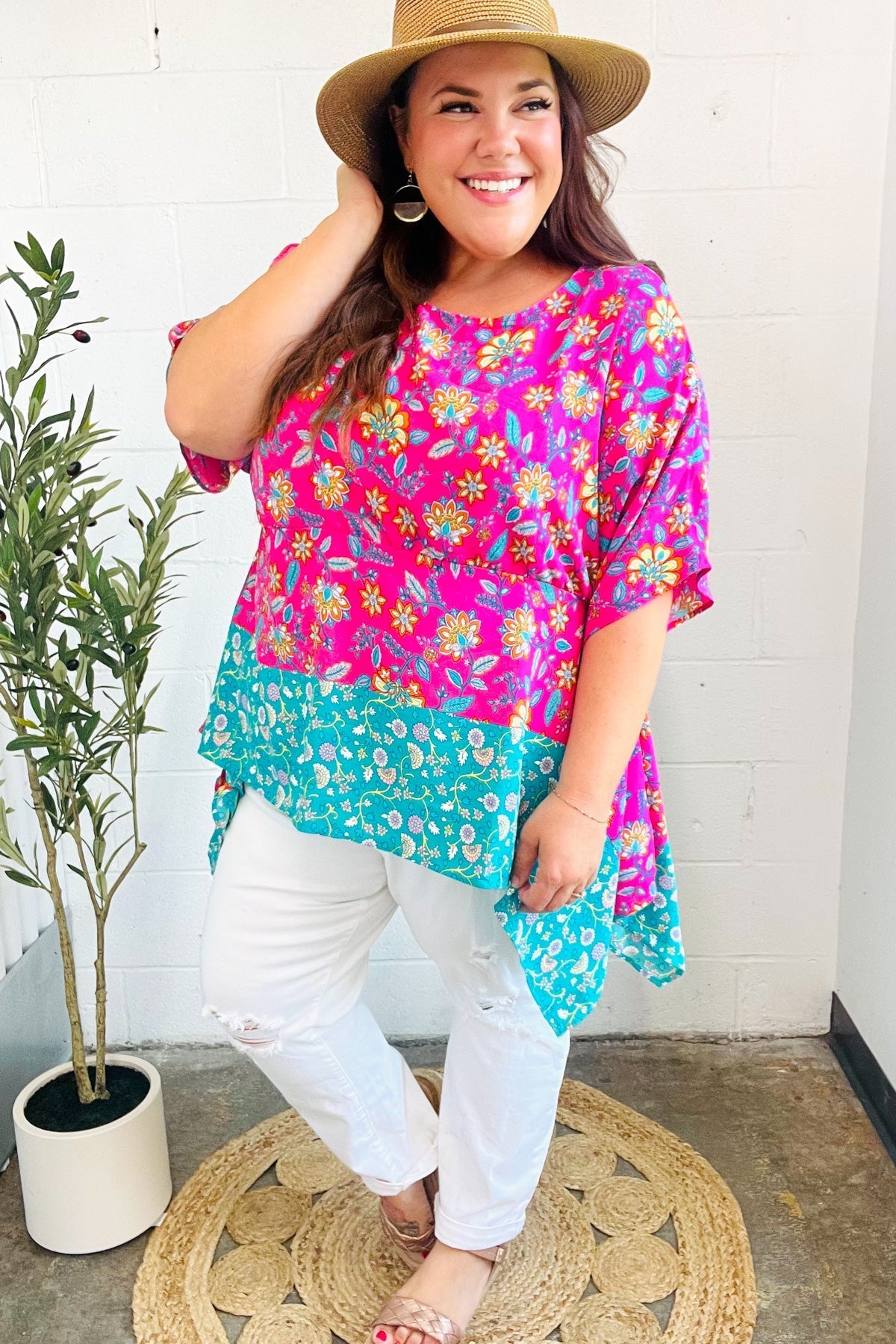 Vacay Ready Fuchsia Paisley Floral Dolman Sleeve Shark Bite Top - Bitsy Gypsy Boutique