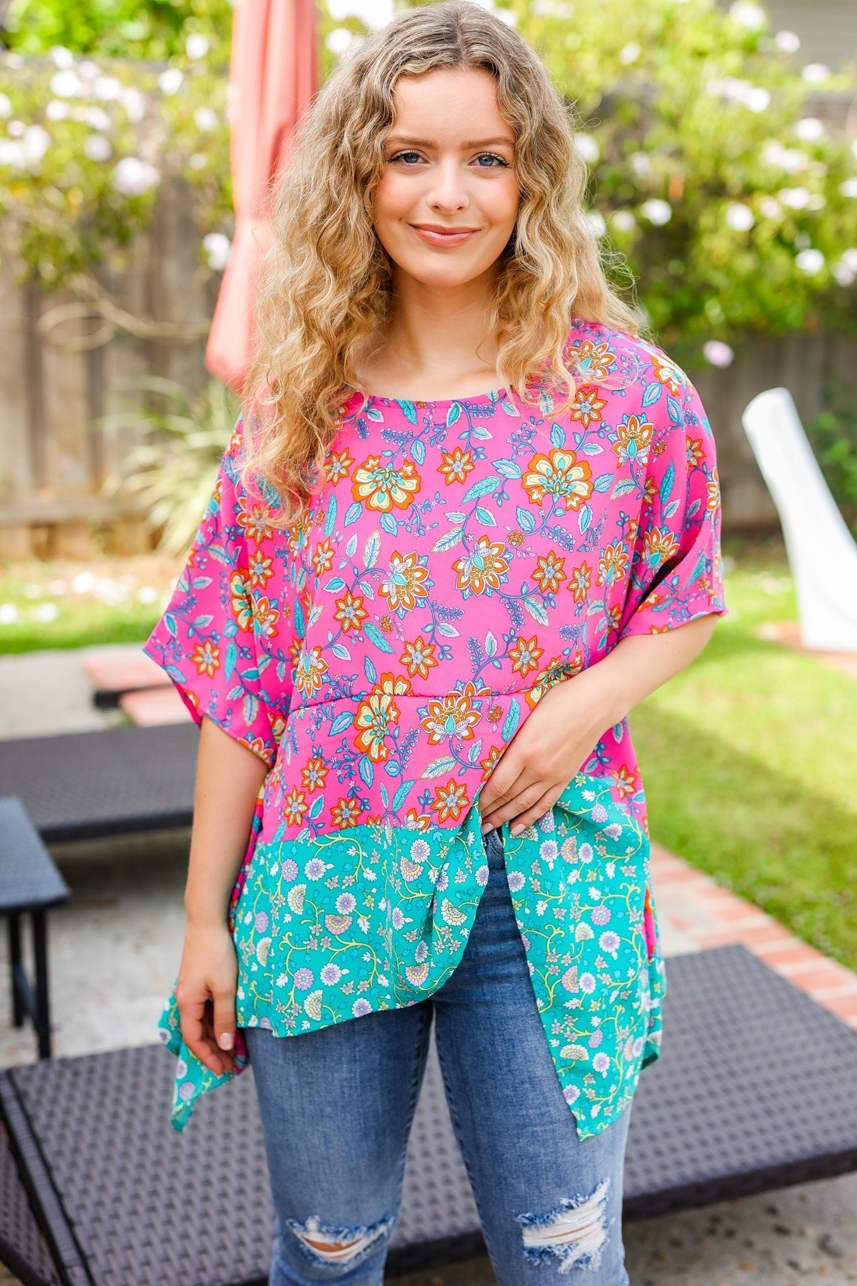 Vacay Ready Fuchsia Paisley Floral Dolman Sleeve Shark Bite Top - Bitsy Gypsy Boutique