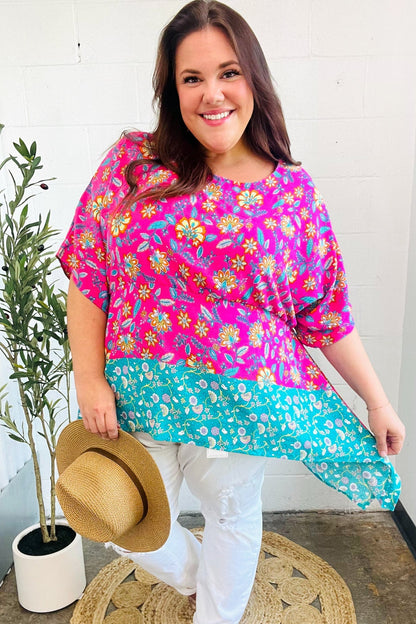 Vacay Ready Fuchsia Paisley Floral Dolman Sleeve Shark Bite Top - Bitsy Gypsy Boutique