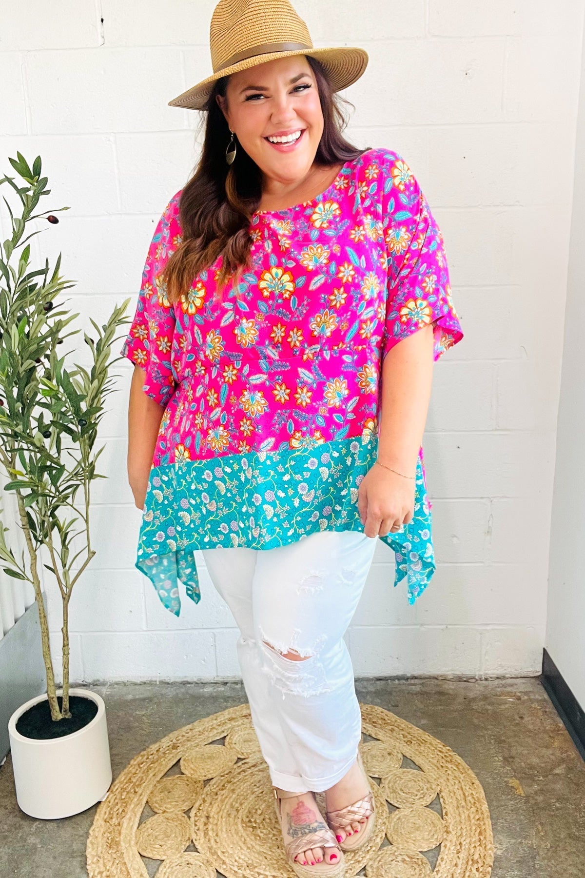 Vacay Ready Fuchsia Paisley Floral Dolman Sleeve Shark Bite Top - Bitsy Gypsy Boutique
