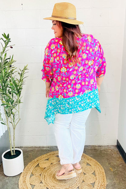 Vacay Ready Fuchsia Paisley Floral Dolman Sleeve Shark Bite Top - Bitsy Gypsy Boutique