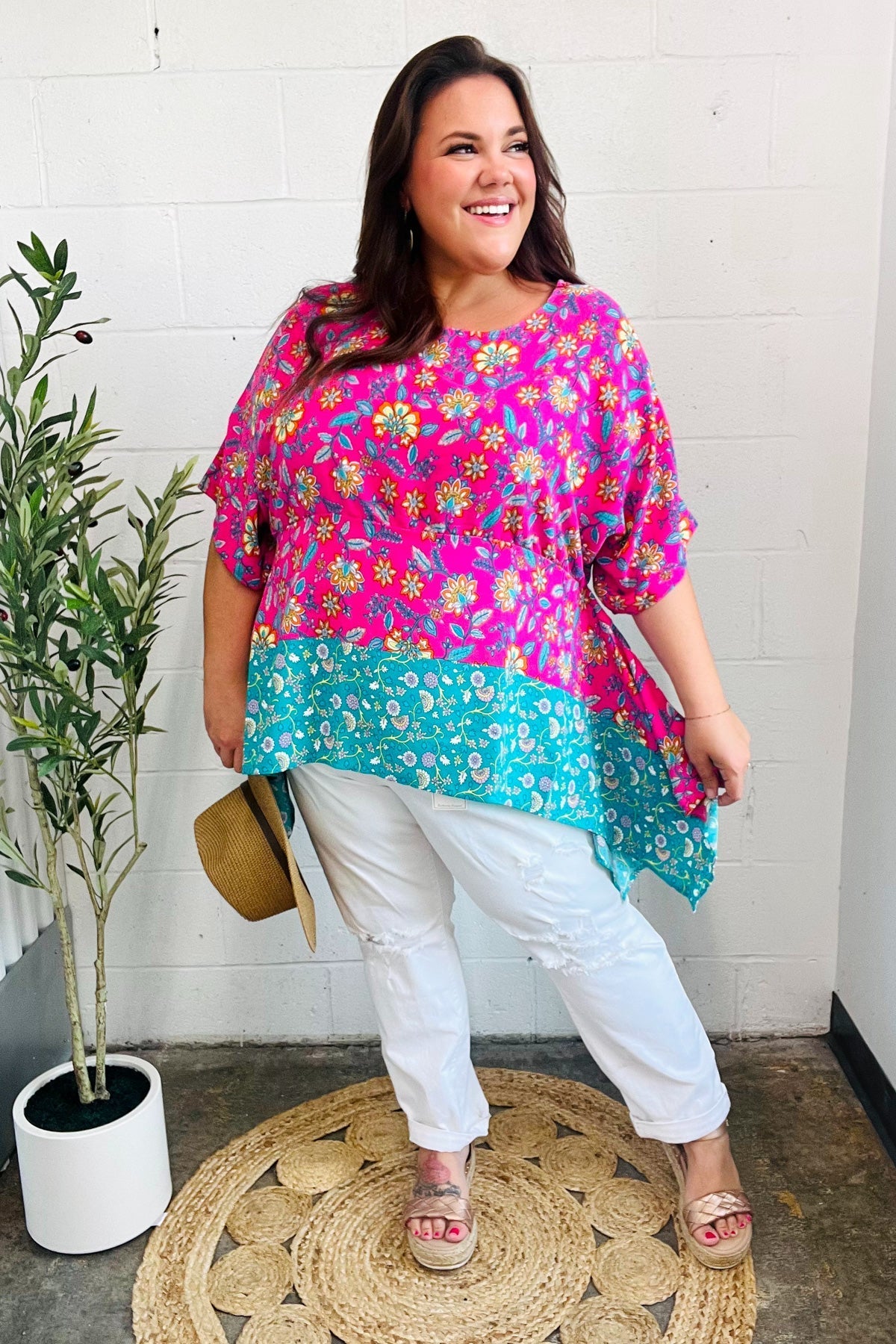 Vacay Ready Fuchsia Paisley Floral Dolman Sleeve Shark Bite Top - Bitsy Gypsy Boutique