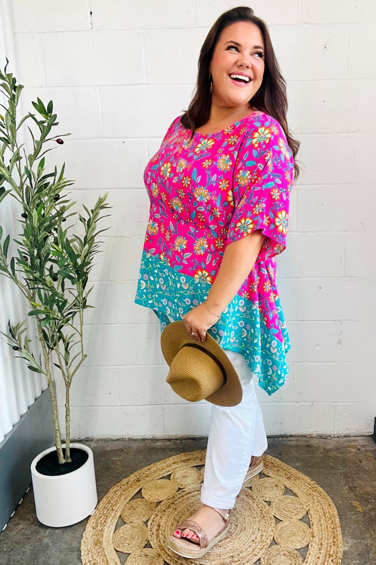 Vacay Ready Fuchsia Paisley Floral Dolman Sleeve Shark Bite Top - Bitsy Gypsy Boutique