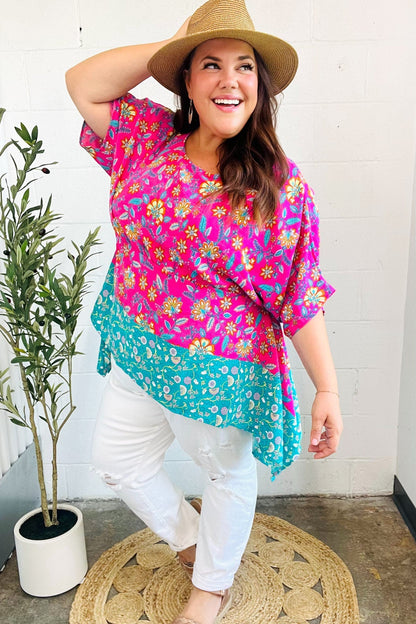 Vacay Ready Fuchsia Paisley Floral Dolman Sleeve Shark Bite Top - Bitsy Gypsy Boutique