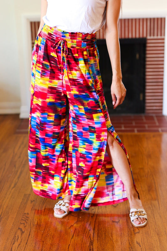 Vacay Vibes Kaleidoscope Smocked Waist Side Slit Palazzo Pants - Bitsy Gypsy Boutique