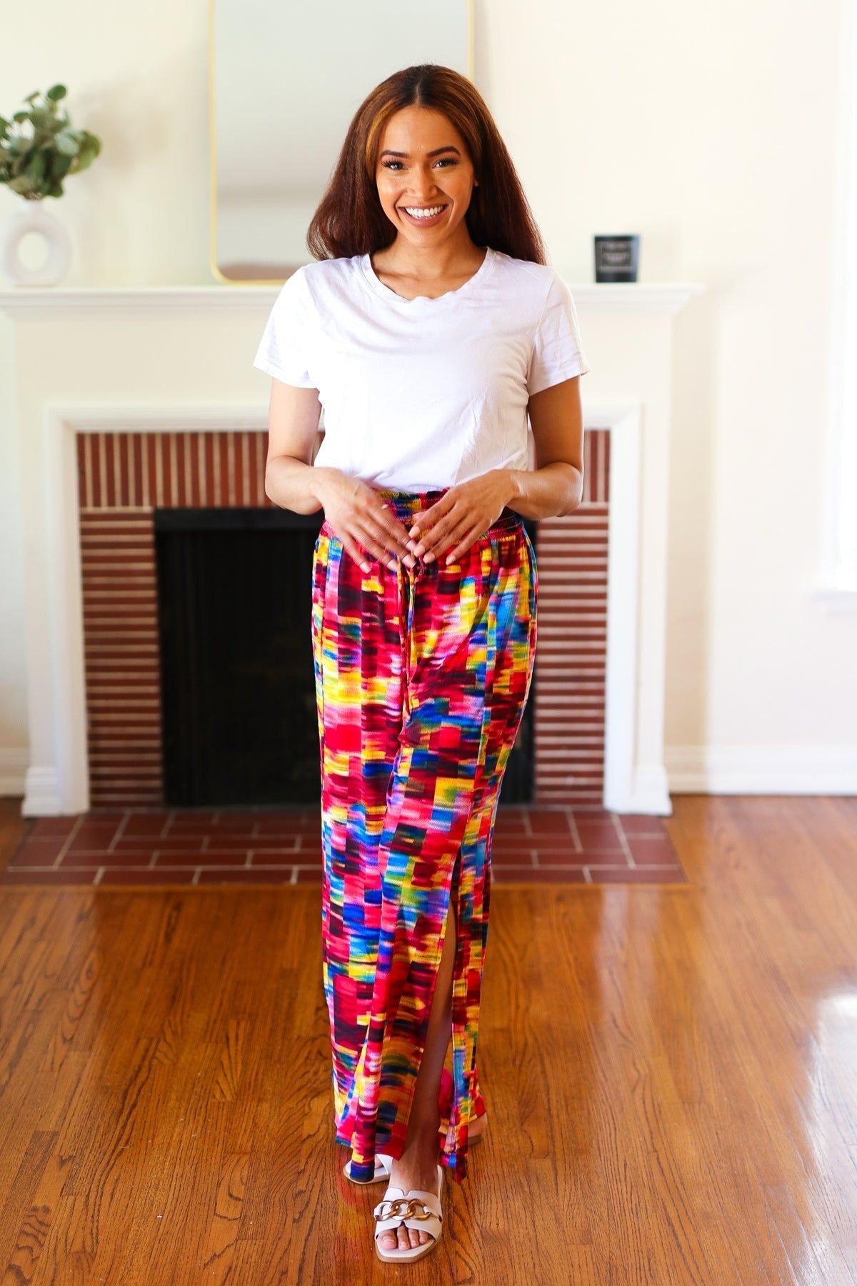 Vacay Vibes Kaleidoscope Smocked Waist Side Slit Palazzo Pants - Bitsy Gypsy Boutique