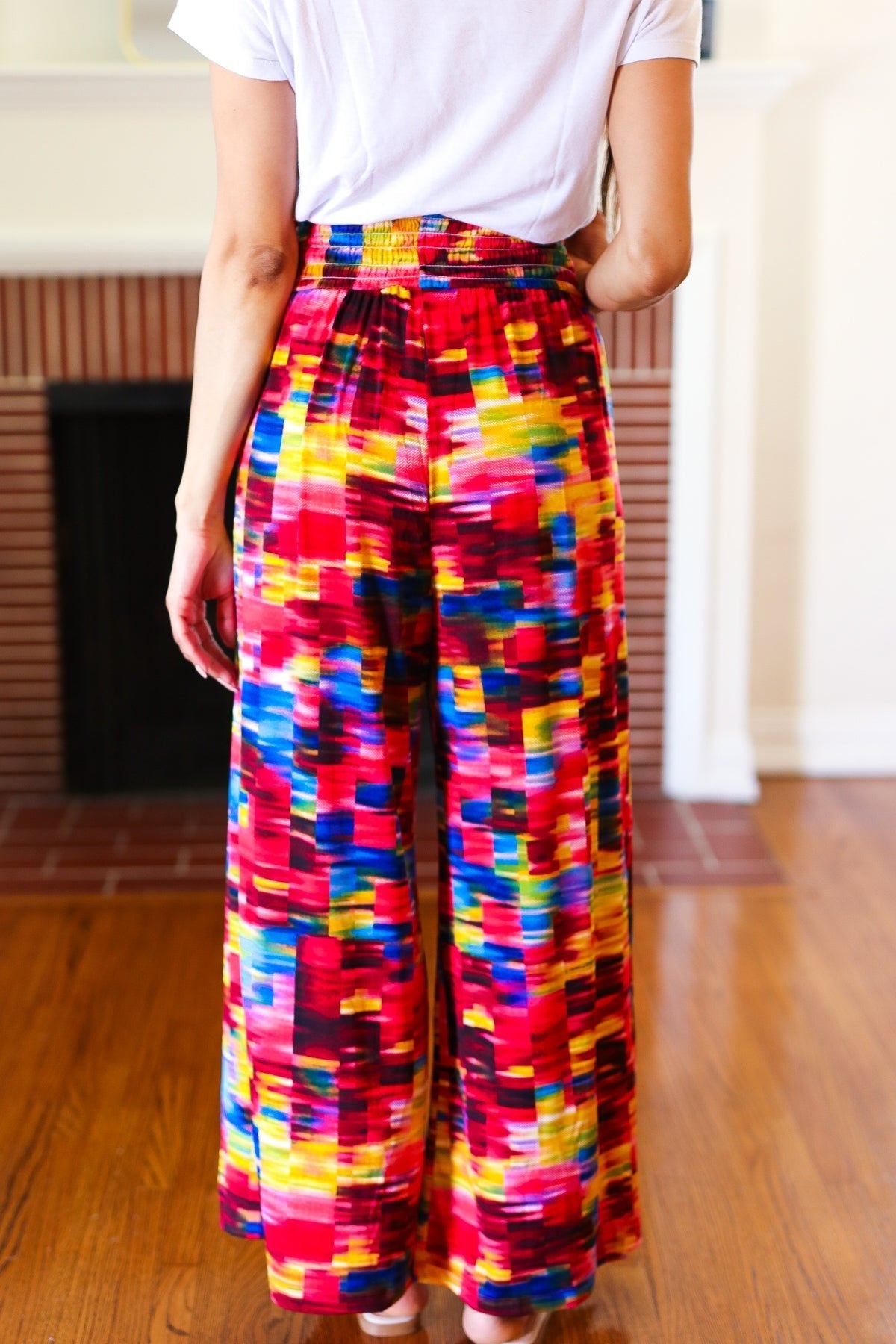 Vacay Vibes Kaleidoscope Smocked Waist Side Slit Palazzo Pants - Bitsy Gypsy Boutique