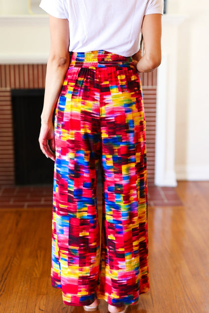 Vacay Vibes Kaleidoscope Smocked Waist Side Slit Palazzo Pants - Bitsy Gypsy Boutique