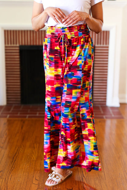 Vacay Vibes Kaleidoscope Smocked Waist Side Slit Palazzo Pants - Bitsy Gypsy Boutique