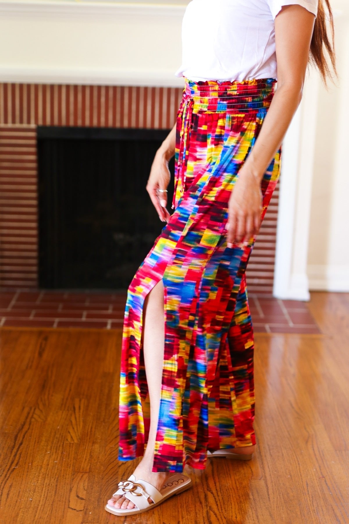 Vacay Vibes Kaleidoscope Smocked Waist Side Slit Palazzo Pants - Bitsy Gypsy Boutique