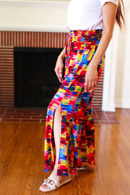Vacay Vibes Kaleidoscope Smocked Waist Side Slit Palazzo Pants - Bitsy Gypsy Boutique
