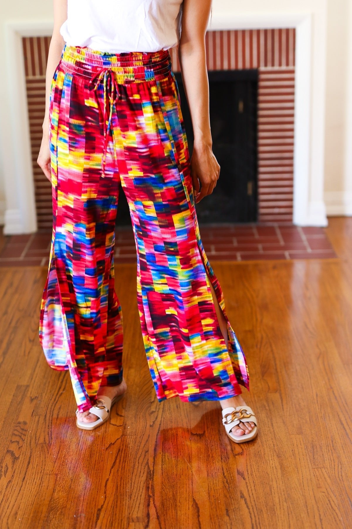 Vacay Vibes Kaleidoscope Smocked Waist Side Slit Palazzo Pants - Bitsy Gypsy Boutique