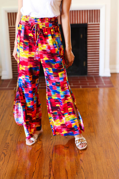 Vacay Vibes Kaleidoscope Smocked Waist Side Slit Palazzo Pants - Bitsy Gypsy Boutique